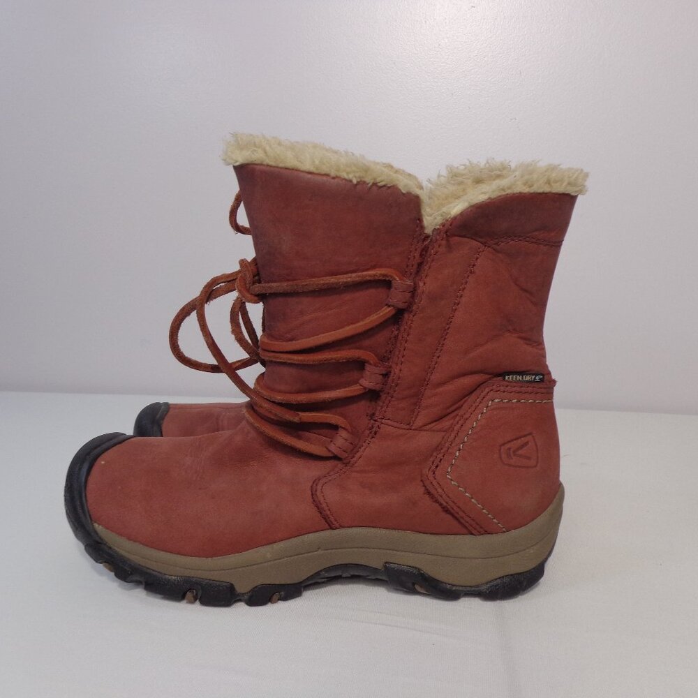Keen Women's Brighton Suede Leather Faux Fur Low Boots in Burgundy Size 6.5